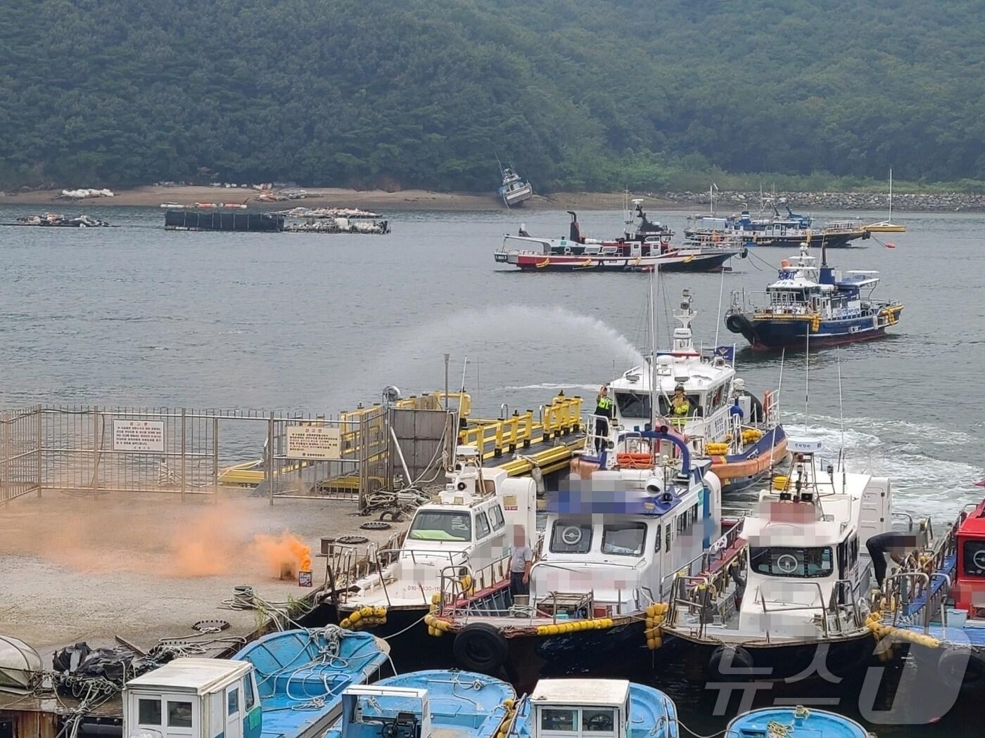 본문 이미지 - 보령해경이 27·28일 오천항과 무창포항에서 실시한 항포구 선박 화재와 여객선 적재 전기차 화재에 대비한 유관기관 합동훈련 모습. (보령해경 제공) /뉴스1