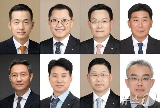 본문 이미지 - 왼쪽 윗줄부터 시계방향으로 김동관 한화임팩트 투자부문 대표이사 내정자, 김희철 한화오션 대표이사 내정자, 손재일 한화시스템 대표이사 내정자, 이재규 한화에너지 대표이사 내정자, 문경원 한화임팩트 사업부문 대표이사 내정자, 이구영 한화파워시스템 대표이사 내정자, 류양식 한화모멘텀 대표이사 내정자, 김종호 한화자산운용 대표이사 내정자.ⓒ News1 김지영 디자이너