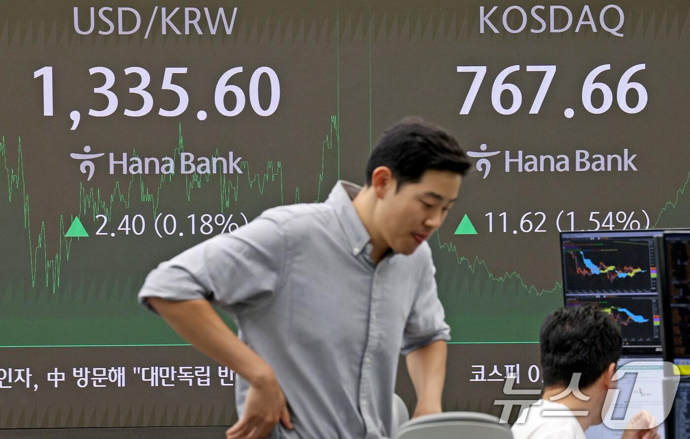 30일 오후 서울 중구 하나은행 본점 딜링룸 전광판에 코스닥 지수와 원·달러 환율 종가가 표시되고 있다. 2024.8.30/뉴스1 ⓒ News1 장수영 기자