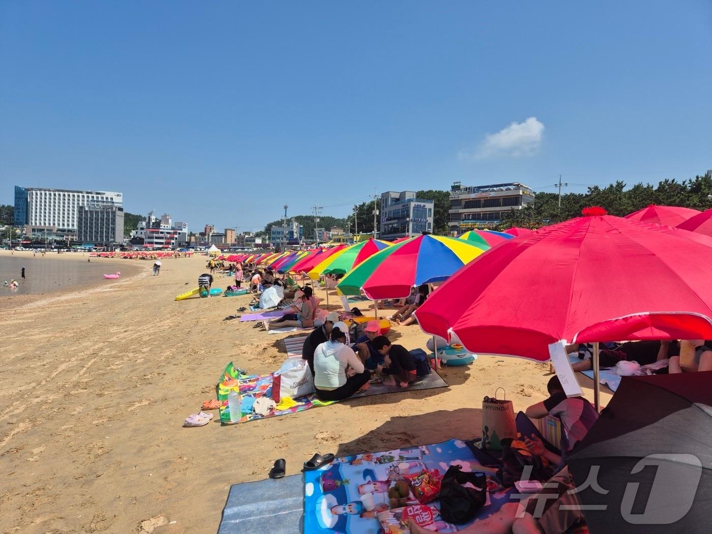 본문 이미지 - 을왕리해수욕장에 설치된 파라솔 밑에서 더위를 여름을 보내고 있는 피서객들.2024.8.4.이시명기자/뉴스1