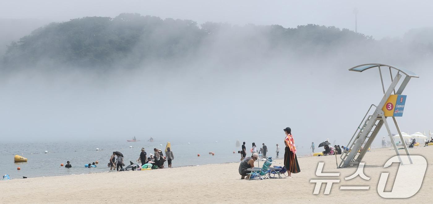 4일 오후 울산 동구 일산해수욕장에서 피서객들이 물놀이를 즐기고 있다. 해안가에는 냉수대 현상으로 인해 짙은 해무가 깔렸다. 2024.8.4/뉴스1 ⓒ News1 조민주 기자