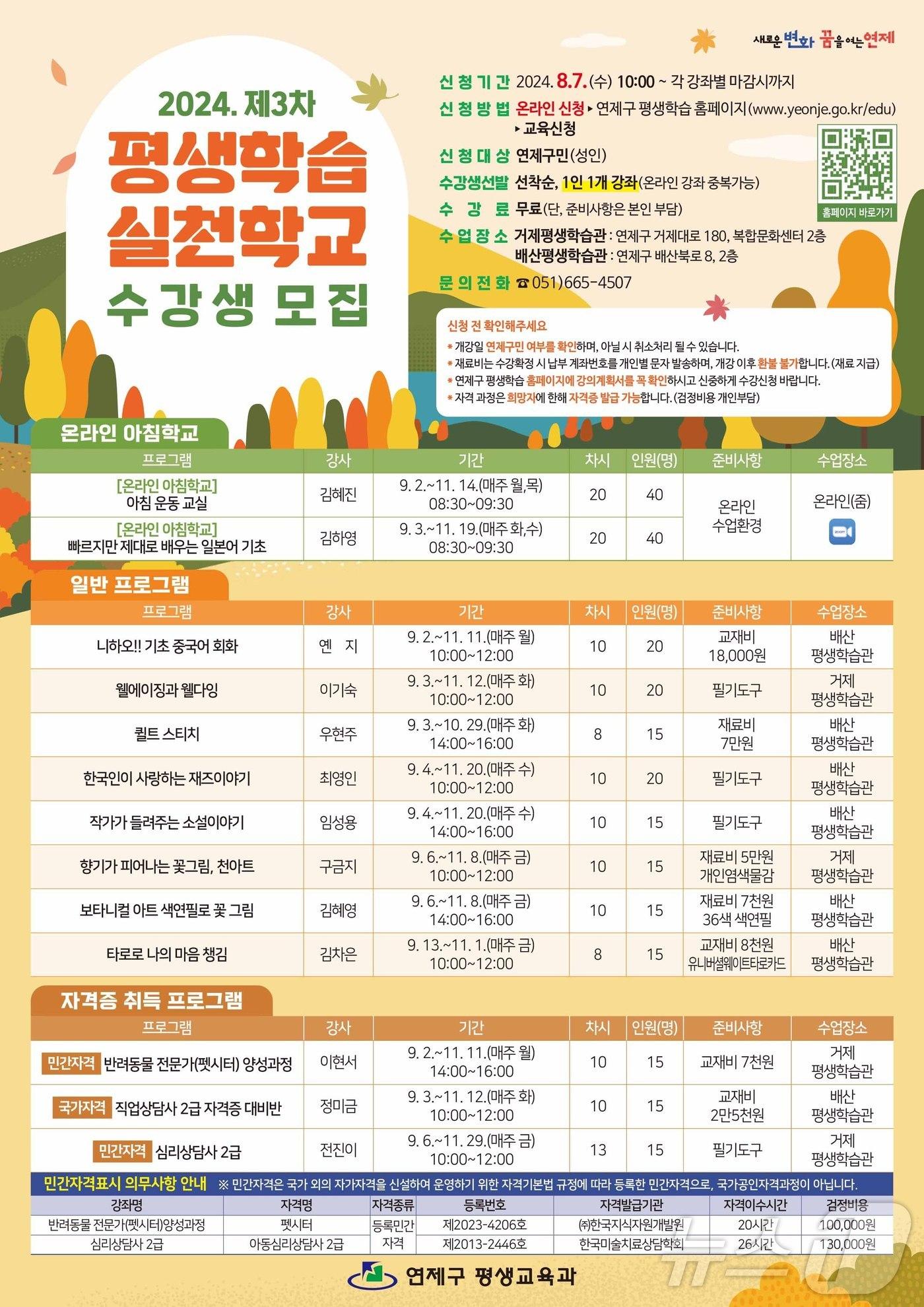 본문 이미지 - 연제구 2024년 제3차 평생학습 실천학교 안내 포스터.(연제구청 제공)