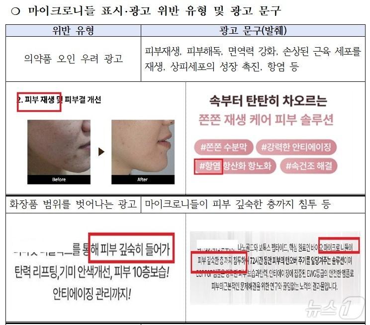 본문 이미지 - 마이크로니들 표방 표시·광고 위반 유형 및 광고 문구(식품의약품안전처 제공)