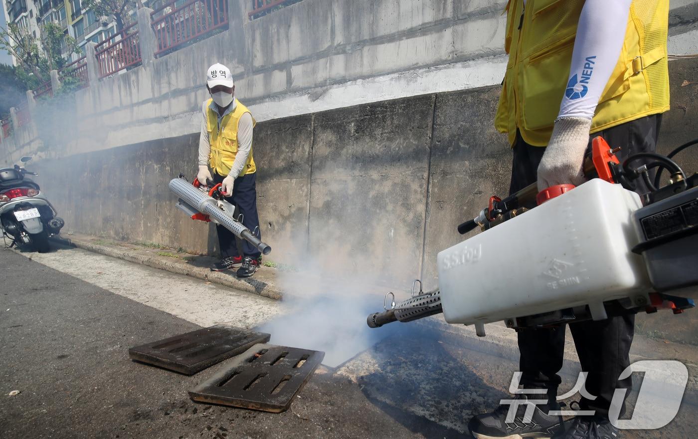 지난 8일 오전 대구 남구 주택가에서 남구청·남구보건소 합동방역반 관계자들이 각종 감염병 매개체인 모기 등 해충 박멸하기 위해 방역을 실시하고 있다. /뉴스1 ⓒ News1 공정식 기자