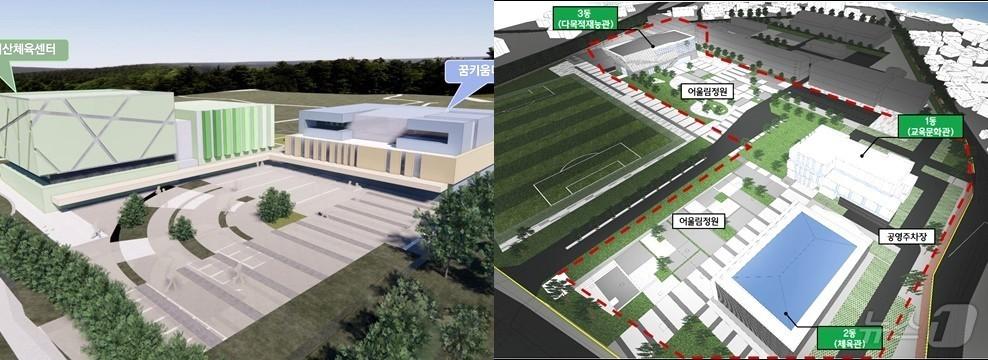 본문 이미지 - 남원 동부권 학교복합시설(왼쪽)과 정읍학교복합문화센터 조감도./뉴스1