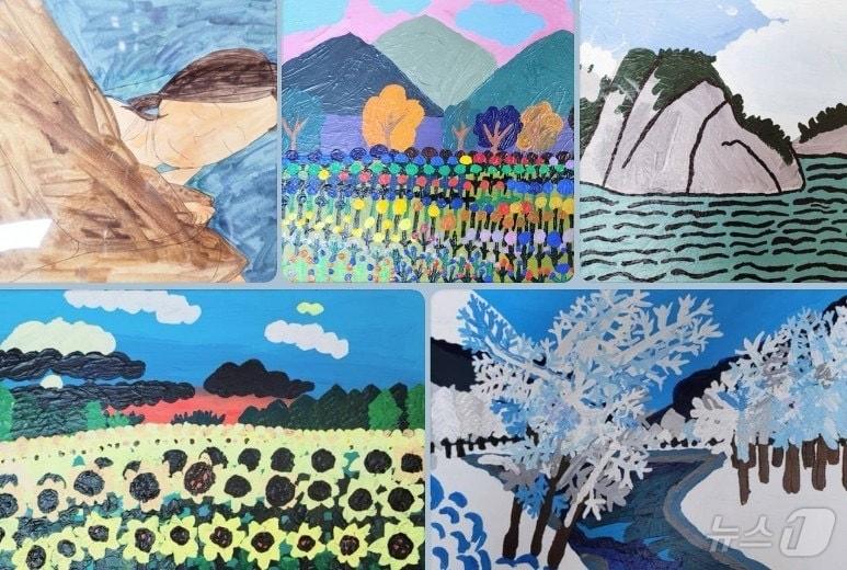 본문 이미지 - 부안경찰서는 9일 부안경찰서 '안부카페'에서 ‘파도가 부서지는 바위섬, 해바라기와 구름’ 등 작품을 전시한 이유빈 작가에게 감사장을 전달했다. 이유빈 작가 작품들(부안경찰 제공)2024.8.9/뉴스1