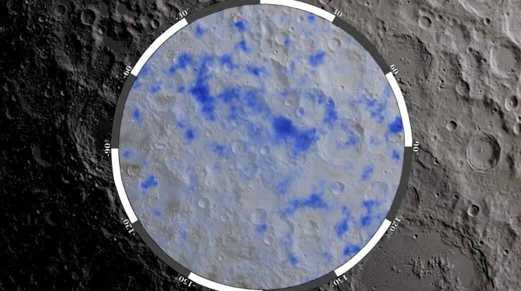 본문 이미지 - 파란색으로 표시된 물 얼음이 퇴적되었을 가능성이 있는 달의 남극 지역. 이 지도는 NASA의 Lunar Reconnaissance Orbiter가 수집한 데이터를 기반으로 한다. 2024.08.08/&lt;출처: NASA 홈페이지&gt;