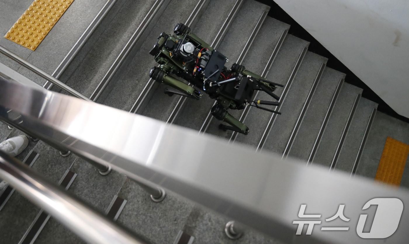 10일 대전 대덕구 로봇드론지원센터에서 열린 제3회 국방부장관배 드론봇챌린지 대회에서 &#39;vision60&#39; 4족보행 로봇 기체가 시연하고 있다. 2024.9.10/뉴스1 ⓒ News1 김기태 기자