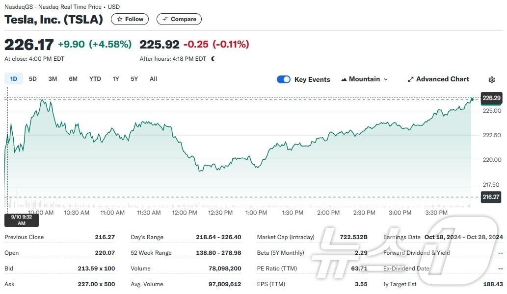본문 이미지 - 테슬라 일일 주가추이 - 야후 파이낸스 갈무리