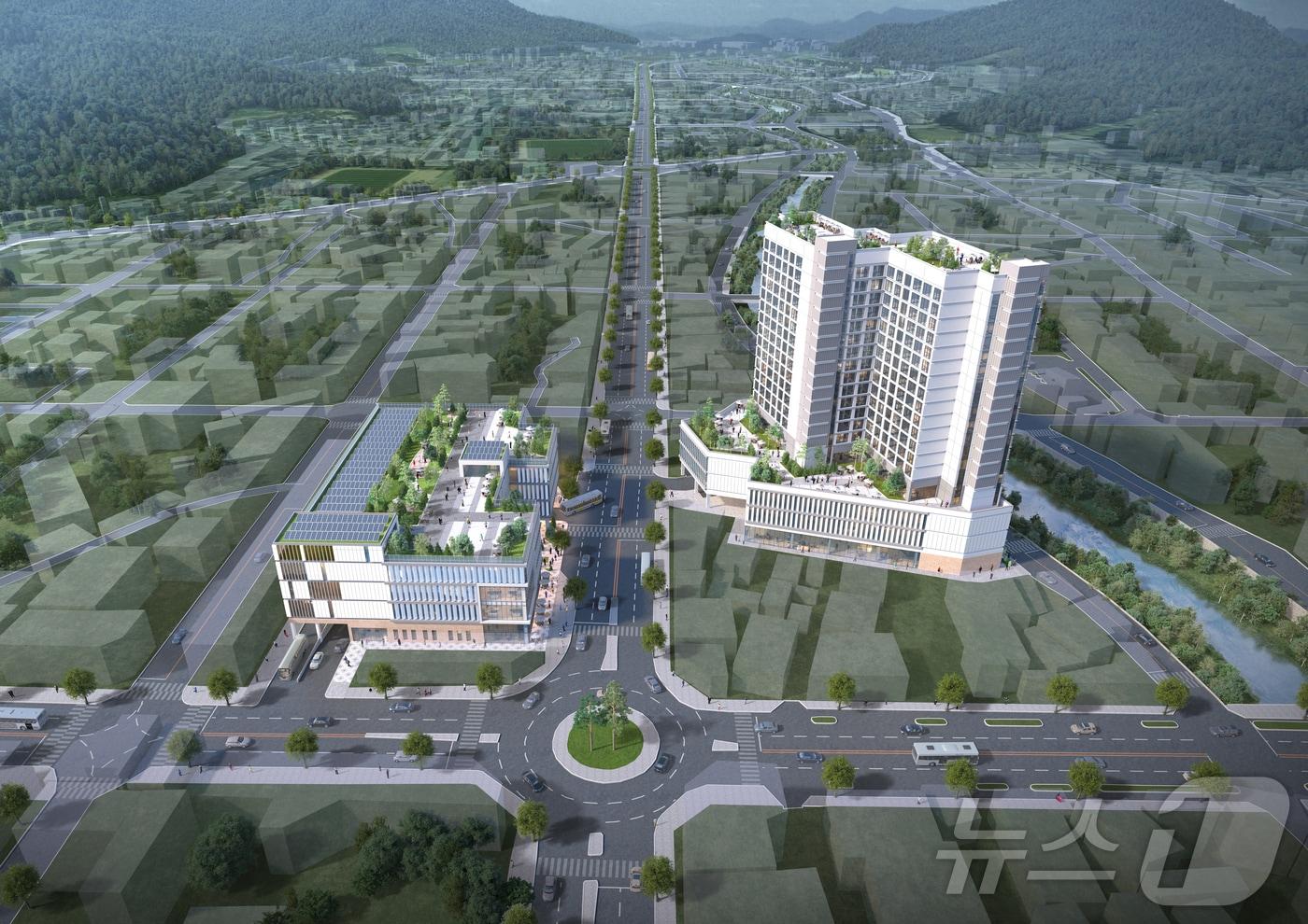   고창군이 일자리연계형 지원주택사업, 덕산지구 도시개발사업, 터미널 도시재생 혁신지구사업 등을 통해 2029년까지 장기적인 주택정책으로 지역에 약 1800세대 이상의 공동주택을 공급한다. 사진은 고창터미널 도시재생 혁신지구 사업 조감도(고창군 제공)2024.9.12/뉴스1