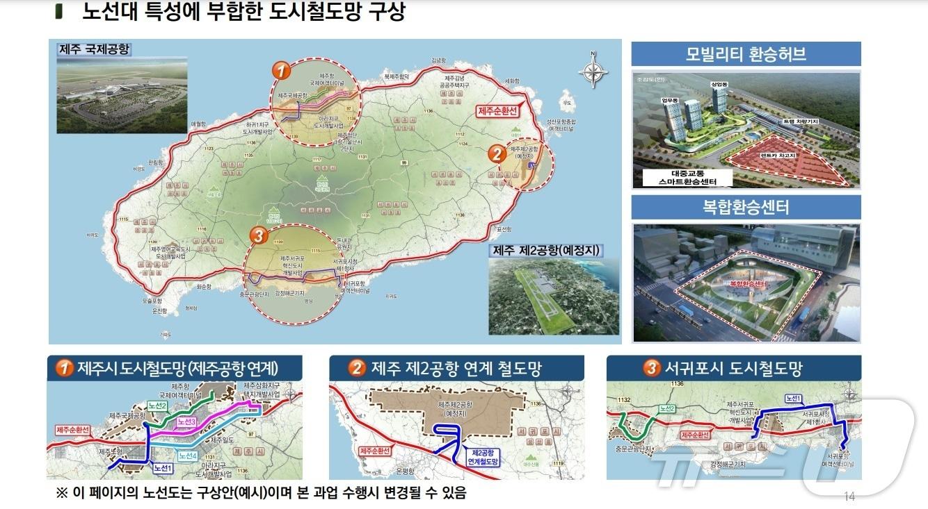 본문 이미지 - '제주 도시철도망 계획수립 등 용역'  연구진이 제시한 도시철도망 구상도/뉴스1 