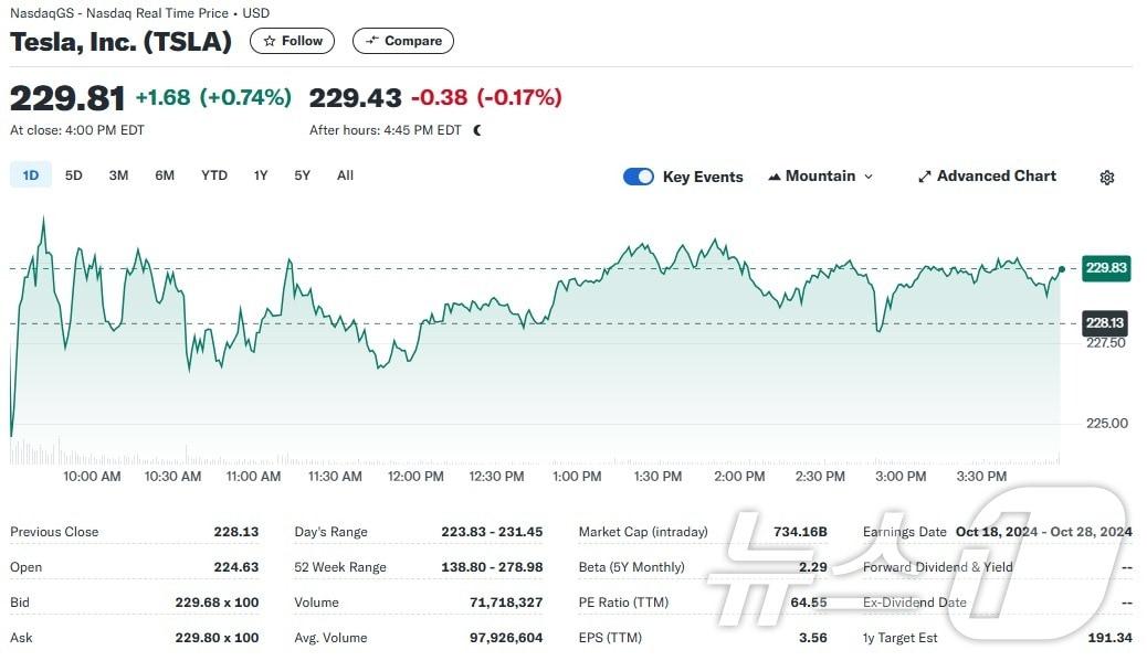 본문 이미지 - 테슬라 일일 주가추이 - 야후 파이낸스 갈무리