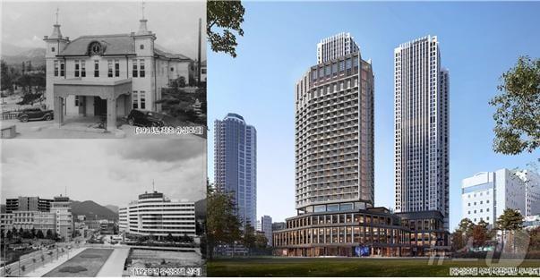 본문 이미지 - 좌측 위 사진은 1918년 문을 연 유성호텔· 아래 사진은 1978년 신축된 유성호텔의 모습이며, 우측 사진은 유성호텔 부지에 들어설 복합개발 투시도.(유성투자 개발(주) 제공) / 뉴스1 ⓒ News1  