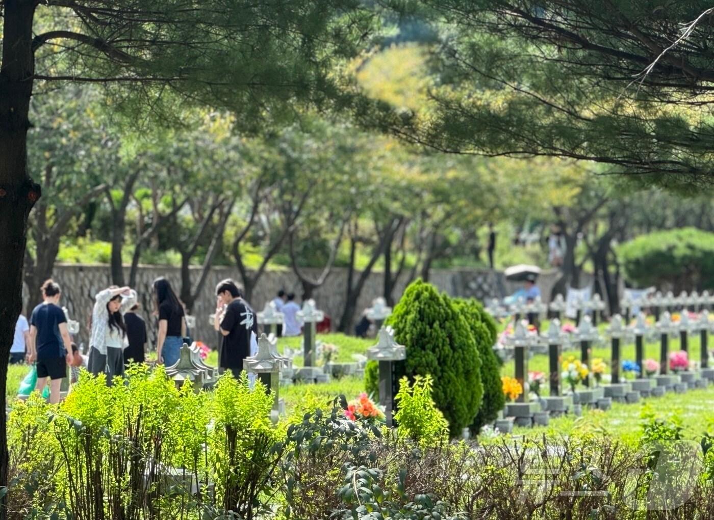 본문 이미지 - 추석인 17일 오전 인천시 부평구 인천가족공원에 성묘객들이 성묘를 하고 있다.2024.9.17 ⓒ News1 박소영 기자