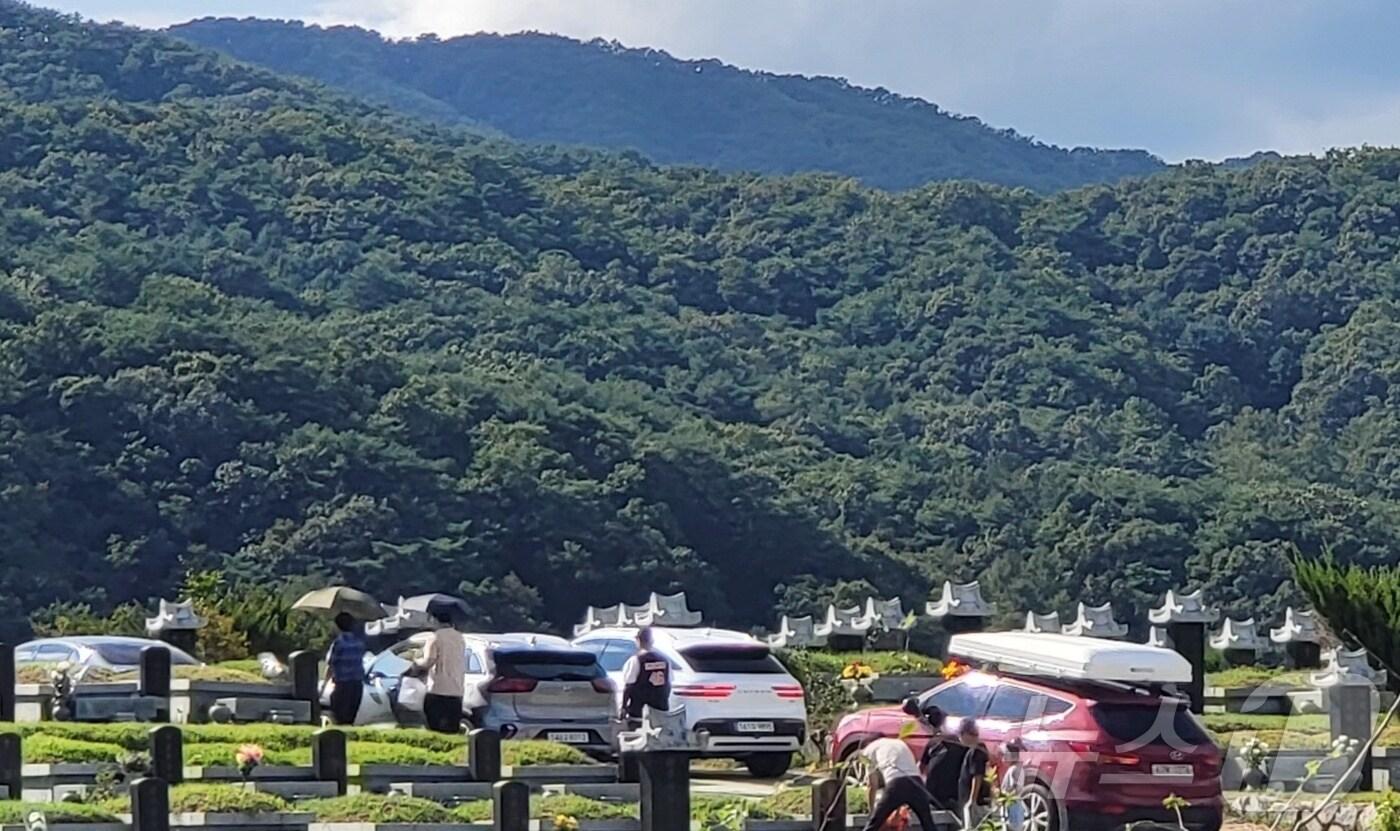 17일 낮 강원 원주시 귀래면의 '원주공원묘원'에서 성묘객들이 이동하는 모습. 2024.9.17/뉴스1 신관호 기자