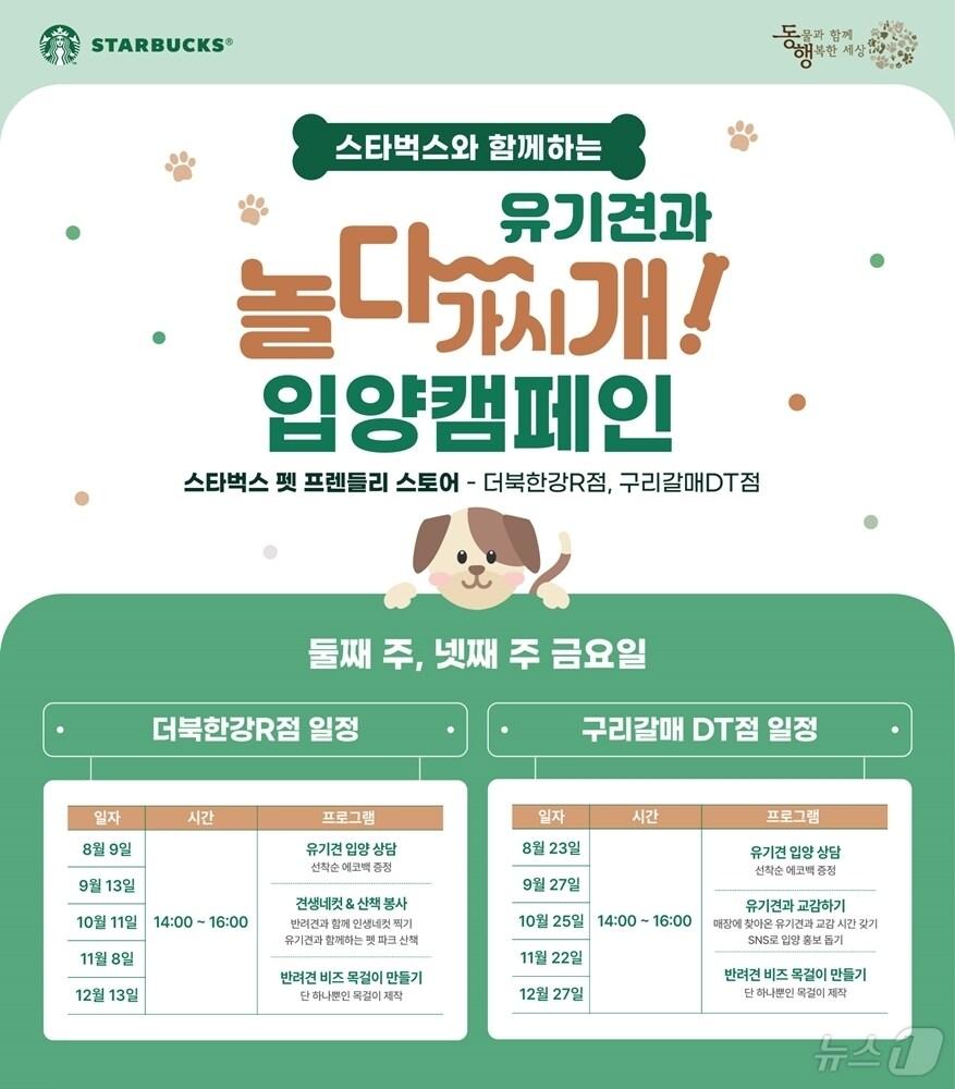 본문 이미지 - 스타벅스가 더북한강R점과 구리갈매DT점에서 유기 동물 입양 캠페인 ‘놀다가시개’를 진행한다.(스타벅스코리아 제공)