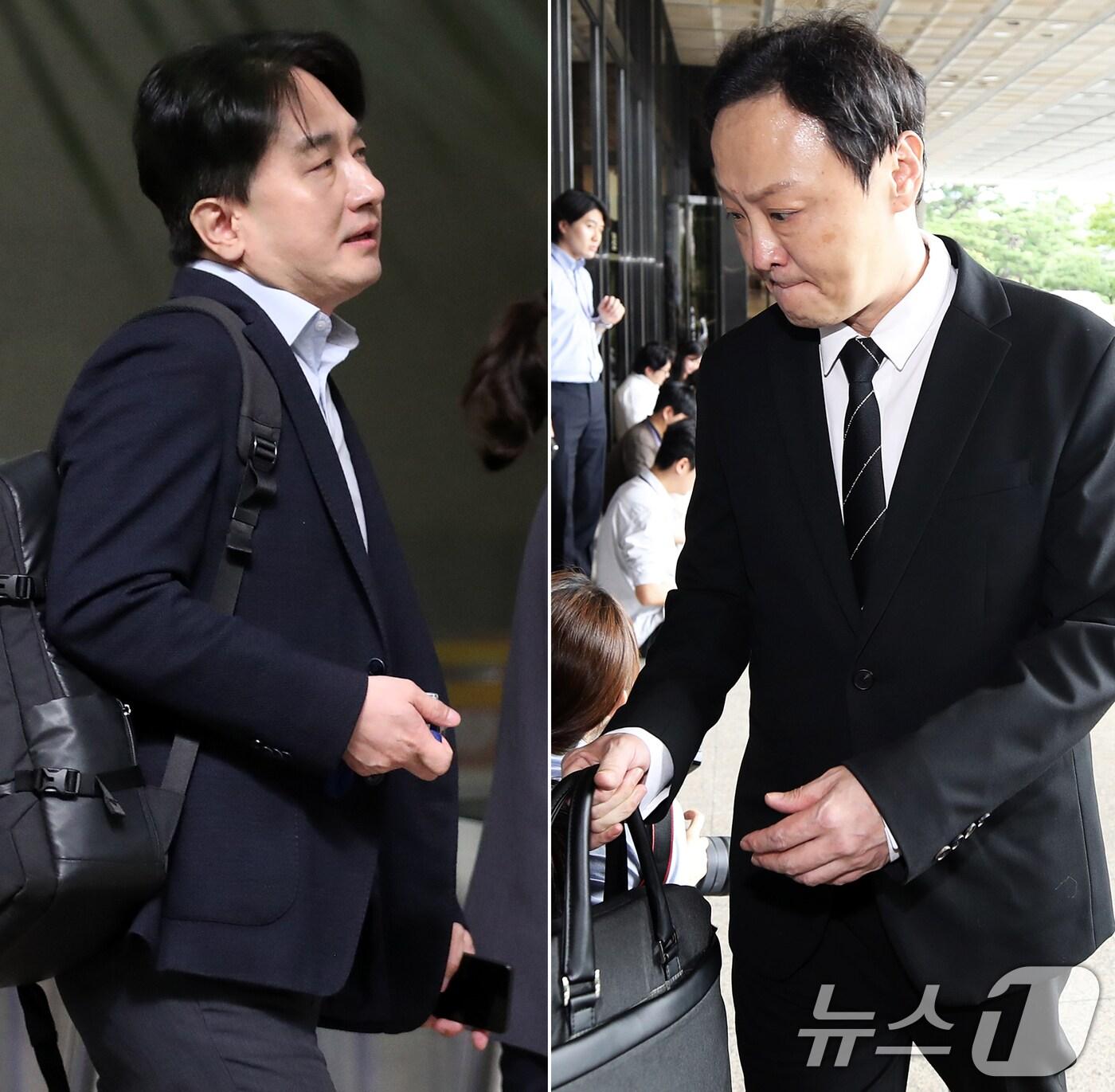 본문 이미지 - 류화현 위메프 대표(왼쪽)와 류광진 티몬 대표가 대규모 환불 지연 사태와 관련한 피의자 조사를 받기 위해 19일 오전 서울 서초구 서울중앙지검에 나란히 출석하고 있다./뉴스1 ⓒ News1 오대일 기자