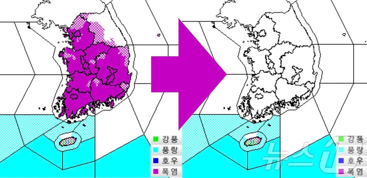 19일 오후 4시 전(좌)과 이후의 폭염특보 발령 현황. 제주 일부 지역을 제외한 전 권역의 폭염 특보가 해제됐다. ⓒ 뉴스1 황덕현 기자