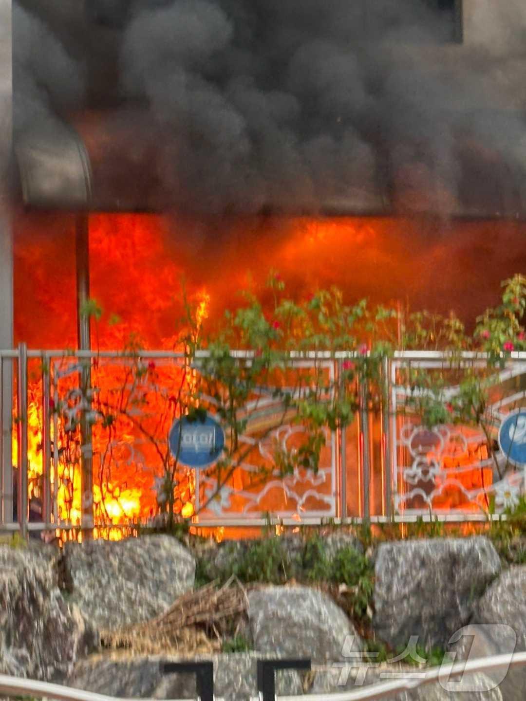 본문 이미지 - 2일 오전 강원 양구 상리초등학교 화재 진화 현장.(강원도소방본부 제공) 2024.9.2/뉴스1