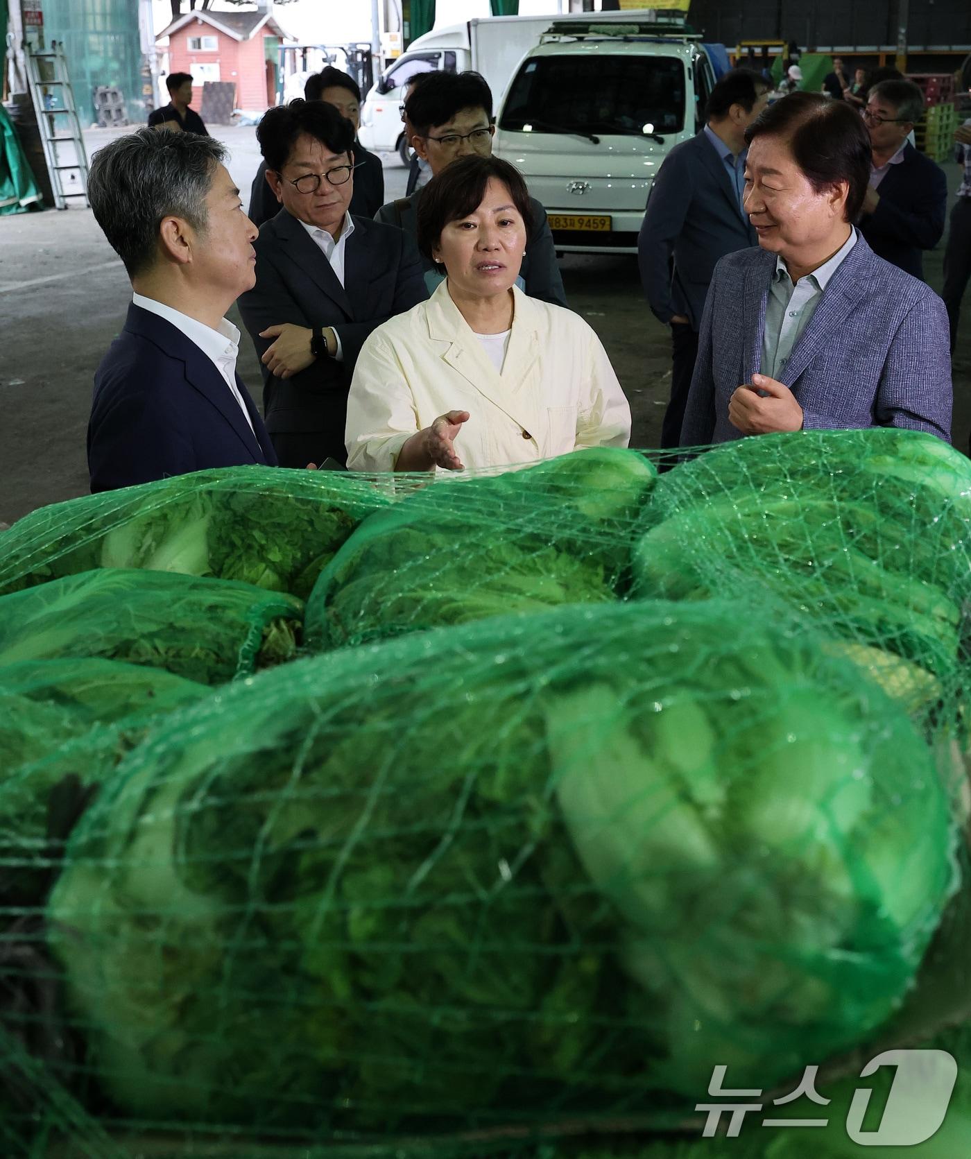 본문 이미지 - 송미령 농림축산식품부 장관이 지난해 9월 서울 송파구 가락농수산물종합도매시장을 방문해 과수, 채소 추석 성수품 수급상황 현장점검을 하는 모습.ⓒ News1 김성진 기자