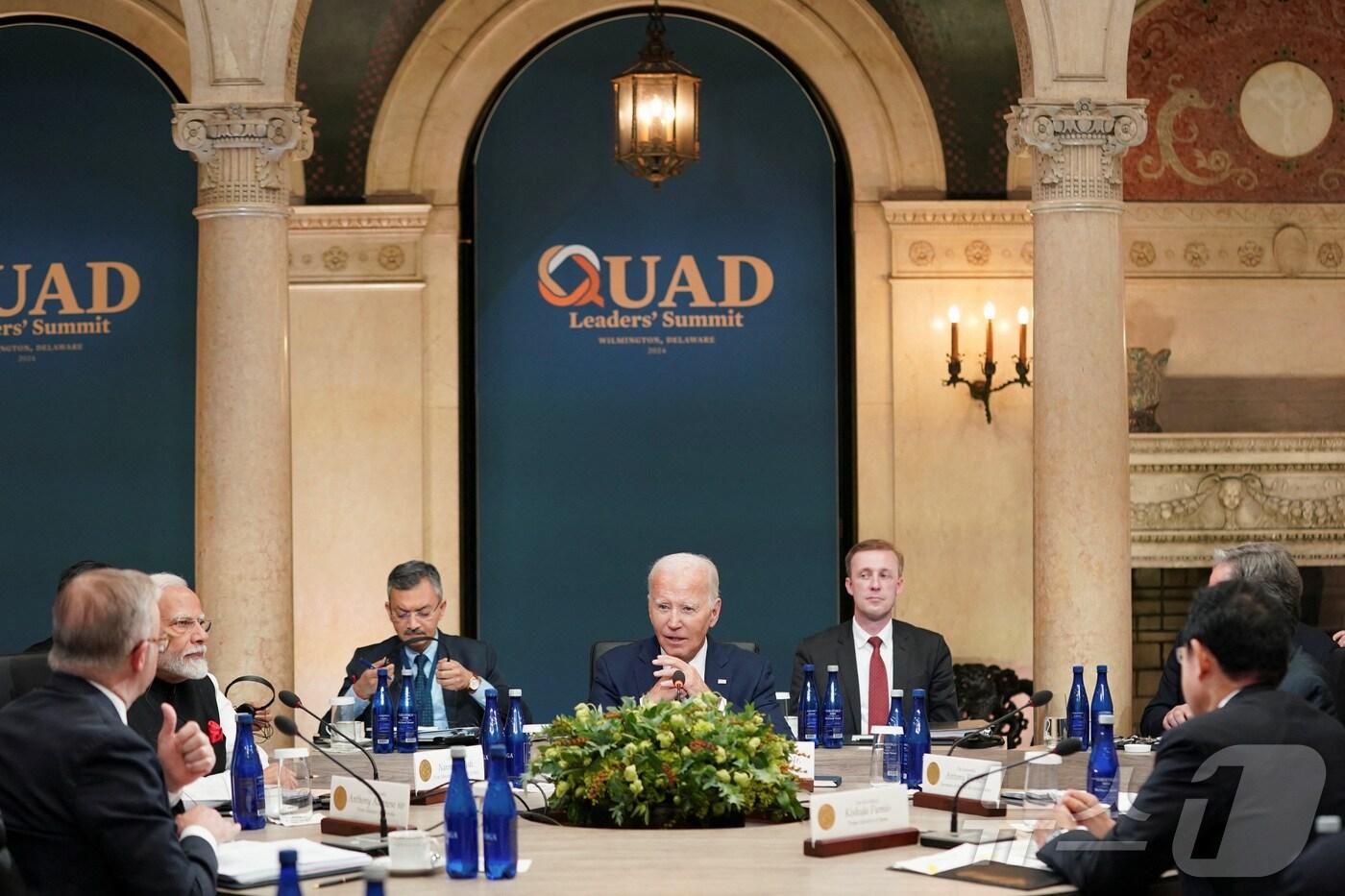 조 바이든 미국 대통령이 델라웨어주 윌밍턴에서 '쿼드'(Quad·미국·일본·인도·호주의 안보협의체) 정상들과 회의하고 있는 모습/ 2024.09.21/ ⓒ 로이터=뉴스1 ⓒ News1 박재하 기자