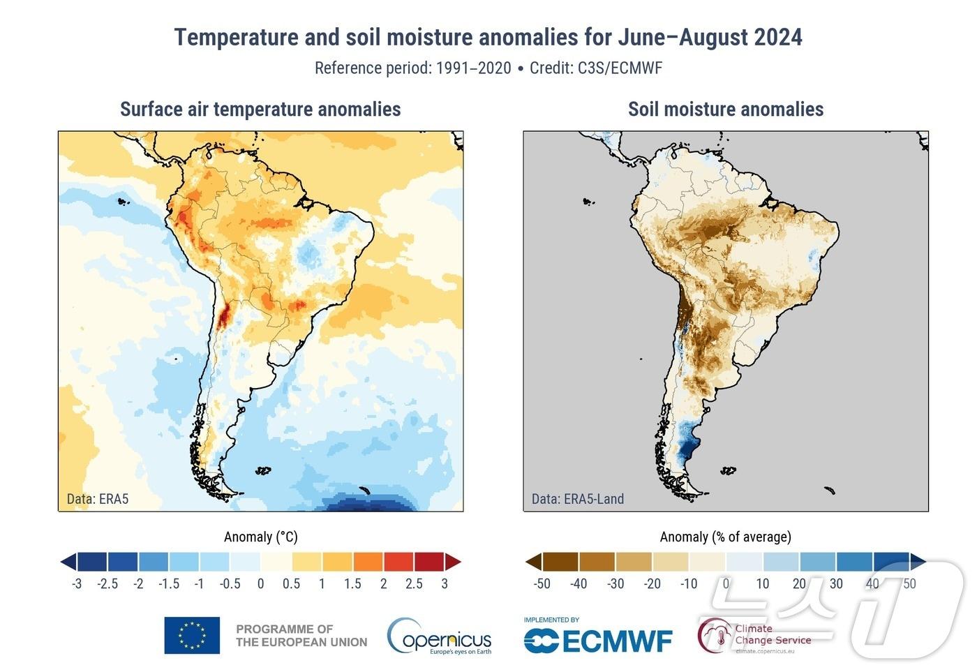1991~2020년의 남미 지표면 온도 상승 양상(왼쪽)과 토양 수분도 ⓒ 뉴스1
