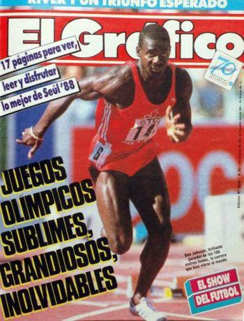 본문 이미지 - 서울 올림픽에 출전 중인 벤 존슨. (출처: Unknown author, 사진(1988), Wikimedia Commons, Public Domain)