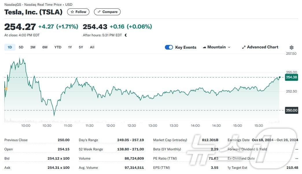 본문 이미지 - 테슬라 일일 주가추이 - 야후 파이낸스 갈무리