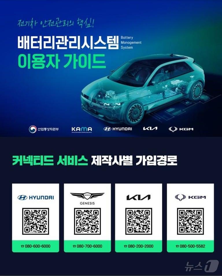 본문 이미지 - 한국모빌리티산업협회(KAMA), 산업통상자원부, 현대자동차, 기아, KG모빌리티가 26일 배포한 전기차 배터리관리시스템(BMS) 이용자 가이드(KAMA 제공). 2024.09.26.