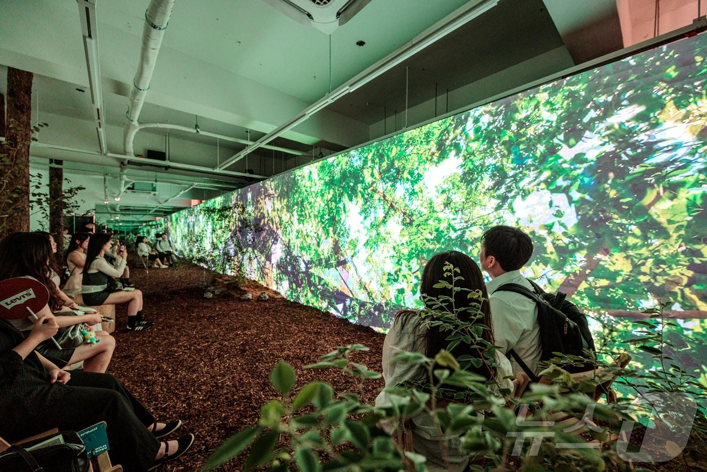 본문 이미지 -  서울 성수동 연무장길에서 열린 ‘디지털 치유정원’ 팝업 전시에 참석한 한국수목원정원관리원 심상택 이사장(왼쪽 두 번째)이 전시를 관람하고 있다.(한국수목원정원관리원 제공) /뉴스1