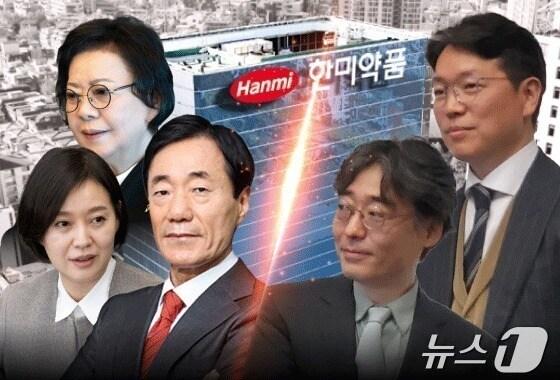 본문 이미지 - 신동국 한양정밀 회장, 송영숙 한미그룹 회장, 임주현 부회장 등 대주주 3인 연합(왼쪽)과 한미약품 오너가 형제 측 임종윤 사장, 임종훈 한미사이언스 대표이사가 경영권 분쟁을 벌이고 있다.(한미약품, 한양정밀 제공)/뉴스1 김지영 디자이너