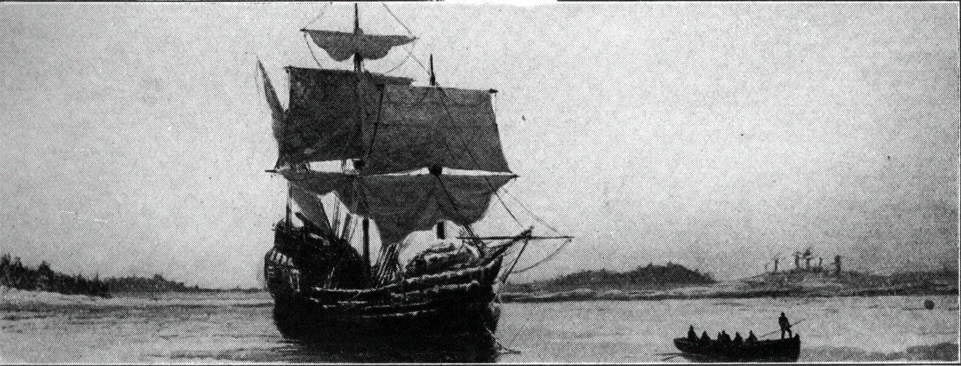 본문 이미지 - 뉴잉글랜드 플리머스항에 정박해 있는 메이플라워호. (출처: Eleanor Stackhouse Atkinson, The How and Why Library - Scenes in the Pilgrim Story, 삽화(1909), Wikimedia Commons)