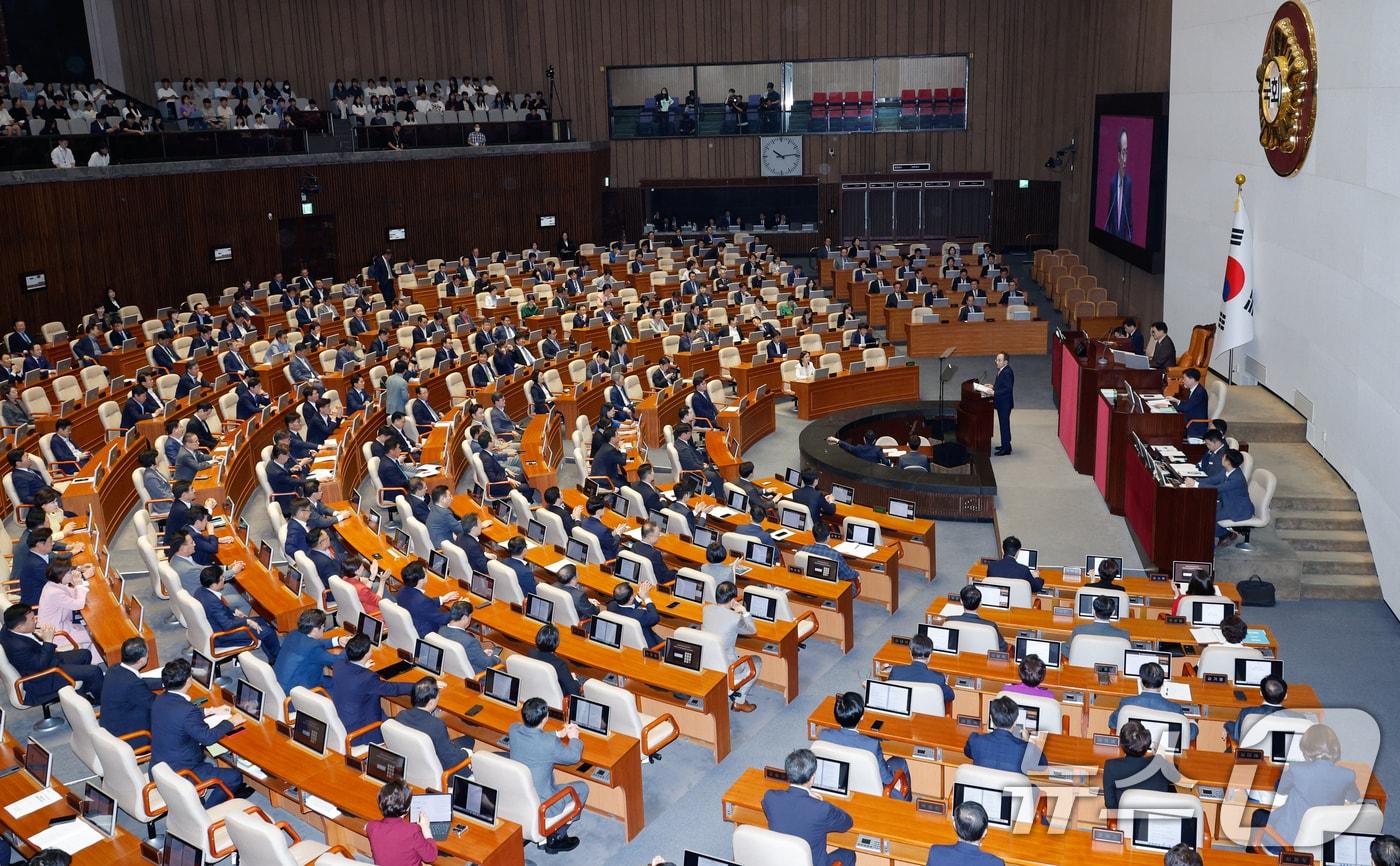 추경호 국민의힘 원내대표가 5일 오전 서울 여의도 국회 본회의장에서 교섭단체 대표 연설을 하고 있다. 2024.9.5/뉴스1 ⓒ News1 안은나 기자