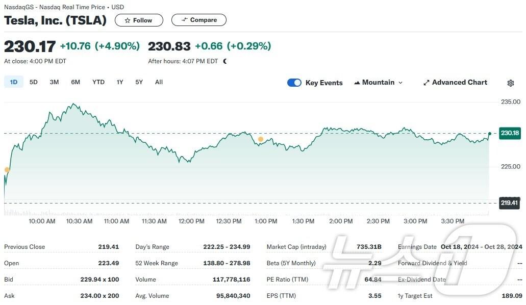 본문 이미지 - 테슬라 일일 주가추이 - 야후 파이낸스 갈무리