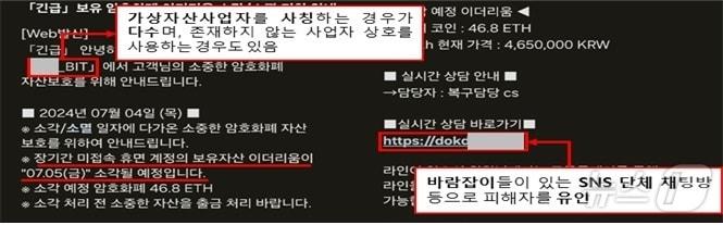본문 이미지 - 영업을 종료하는 가상자산 거래소가 늘어나는 현상이 발생하자 이를 이용해 가짜 거래소로 유인해 금품을 갈취하려는 수법이 담긴 스팸 문자. (금융감독원 자료 제공)