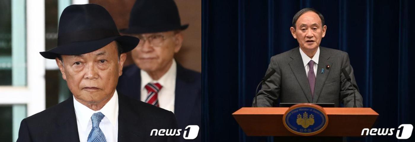 본문 이미지 - 2024 일본 집권 자민당 총재선거의 킹메이커로 불리는 아소 다로 부총재와 스가 요시히데 전 총리. 2024.09.09/