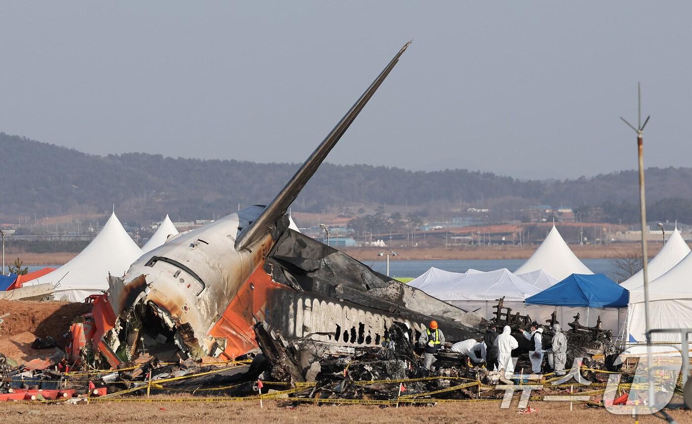 1일 전남 무안국제공항 제주항공 여객기 참사 현장에서 항공-철도 사고조사위원회 관계자들이 현장 감식을 하고 있다. 2025.1.1/뉴스1 ⓒ News1 김성진 기자