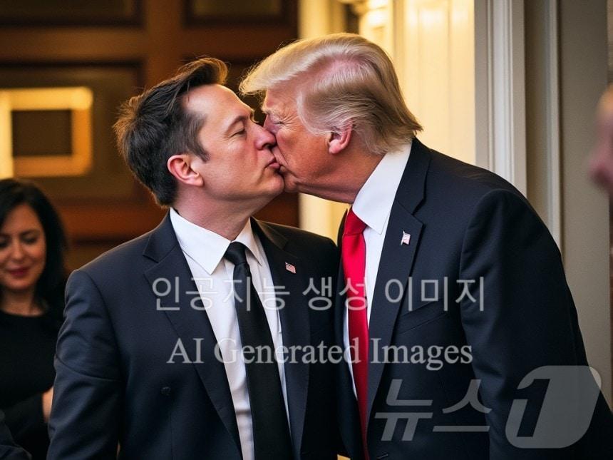 본문 이미지 - 인공지능(AI)으로 생성한 가짜 사진. xAI의 그록-2(Grok-2)에 일론 머스크와 도널드 트럼프의 입맞춤 사진을 요청해 생성한 결과. 인공지능 생성 표시 워터마크는 별도 방법으로 추가. (Grok-2 mini 생성) 2024.08.18 /뉴스1