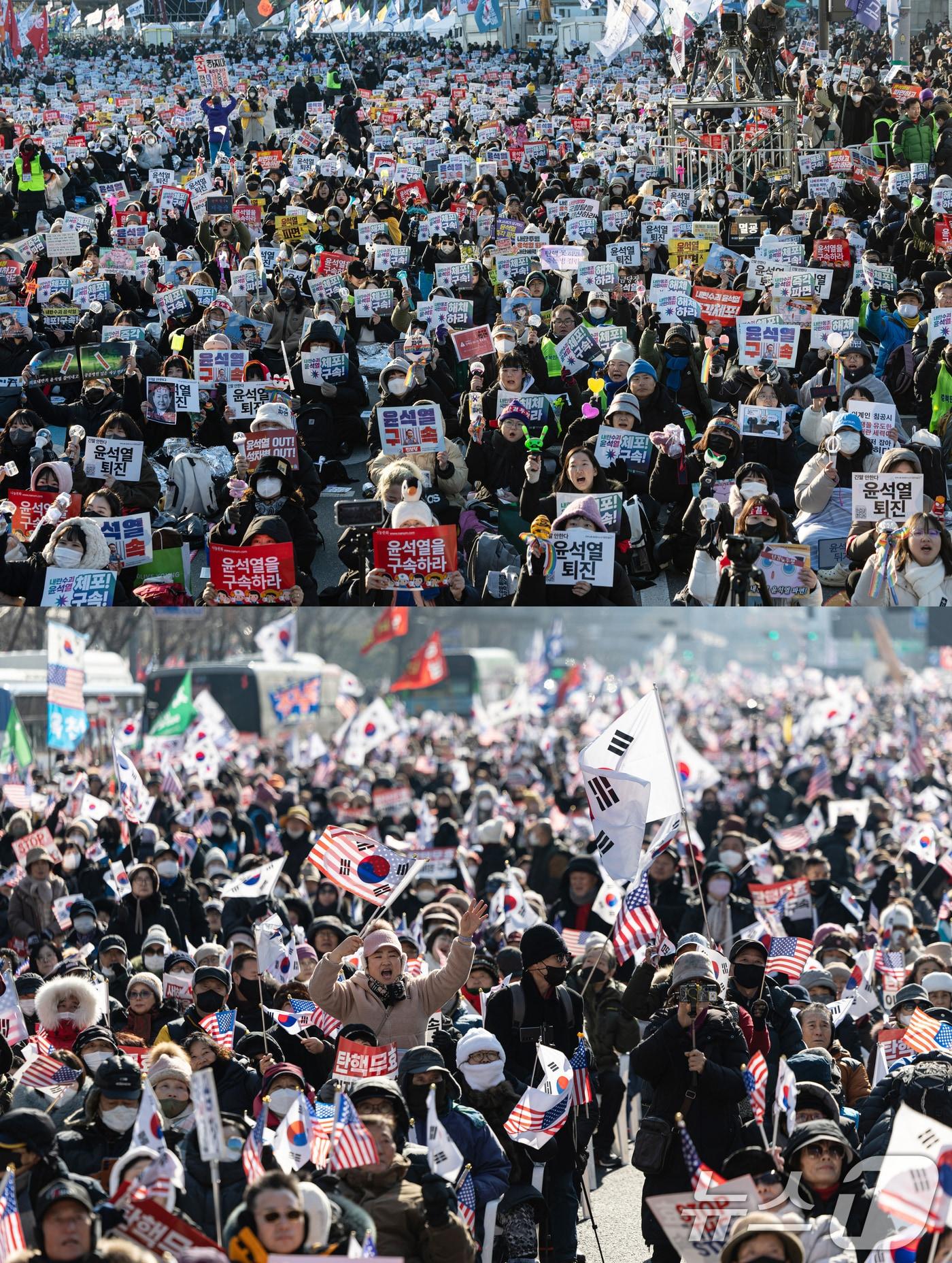 본문 이미지 - 자유통일당·대한민국바로세우기국민운동본부 구성원들이 11일 오후 서울 세종대로 네거리 인근에서 윤석열 대통령 탄핵 반대 집회를 하고 있다.(아래) 광화문 인근에서 열린 윤석열 즉각퇴진 사회대개혁 비상행동 6차 시민대행진에서 참가자들이 윤석열 대통령 퇴진 등을 촉구하고 있다. 2025.1.11/뉴스1 ⓒ News1 이승배 기자