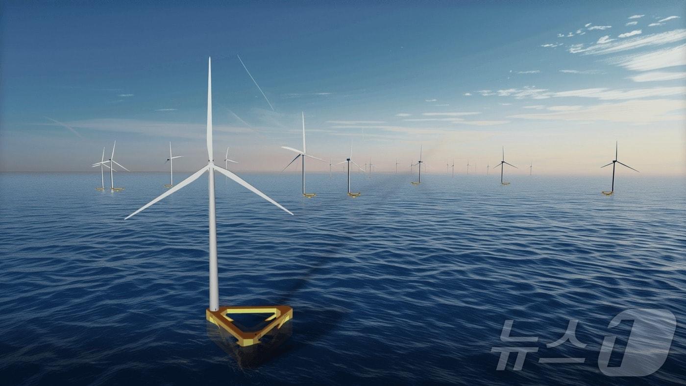 대형 해상풍력발전기를 탑재한 한화오션 ‘윈드하이브&#40;WindHive&#41; 15-H3’&#40;노란색 구조물&#41;의 조감도.&#40;한화오션 제공/ News1