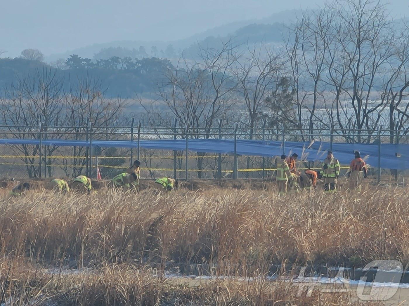 본문 이미지 - 12일 오전 전남 무안국제공항 인근에서 소방 등 수습당국이 수색 작업을 벌이고 있다. 2025.1.12/뉴스1 ⓒ News1 전원 기자