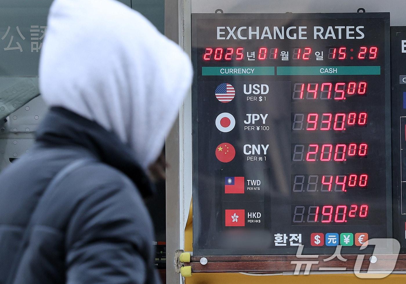 12일 서울 명동 한 환전소에 1달러를 구매시 1475원의 시세를 나타내고 있다. 강달러와 비상계엄 사태 등 정국 불안이 지속되며 고환율이 이어지고 있다. 2025.1.12/뉴스1 ⓒ News1 박세연 기자