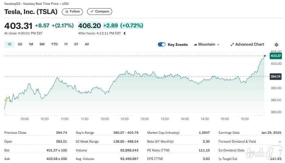 본문 이미지 - 테슬라 일일 주가추이 - 야후 파이낸스 갈무리
