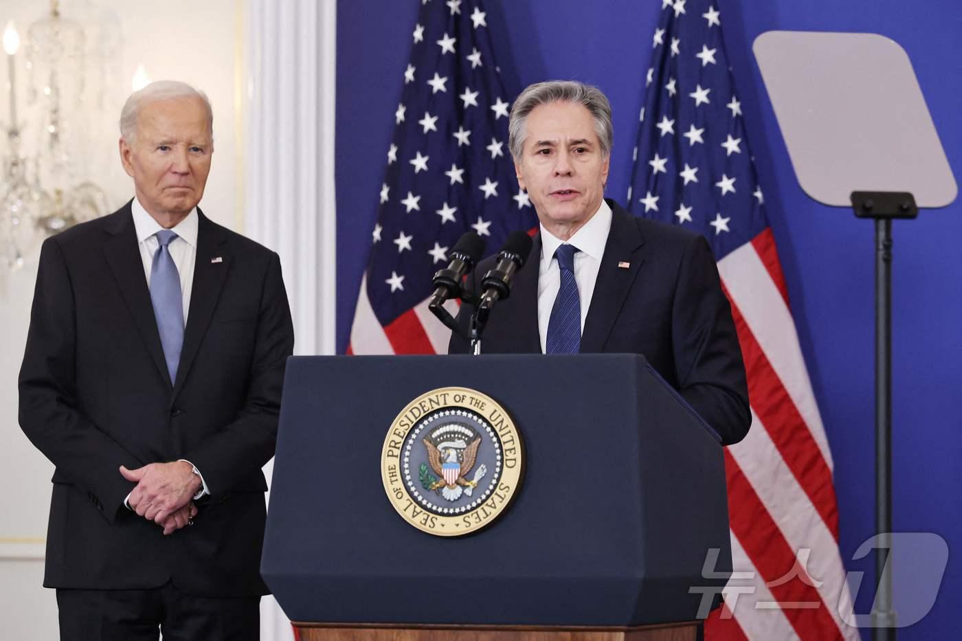 토니 블링컨 미국 국무장관이 13일&#40;현지시간&#41; 워싱턴 국무부에서 조 바이든 대통령이 지켜보는 가운데 마지막 외교 정책 관련 연설을 하고 있다. 2025.01.14 ⓒ AFP=뉴스1 ⓒ News1 우동명 기자