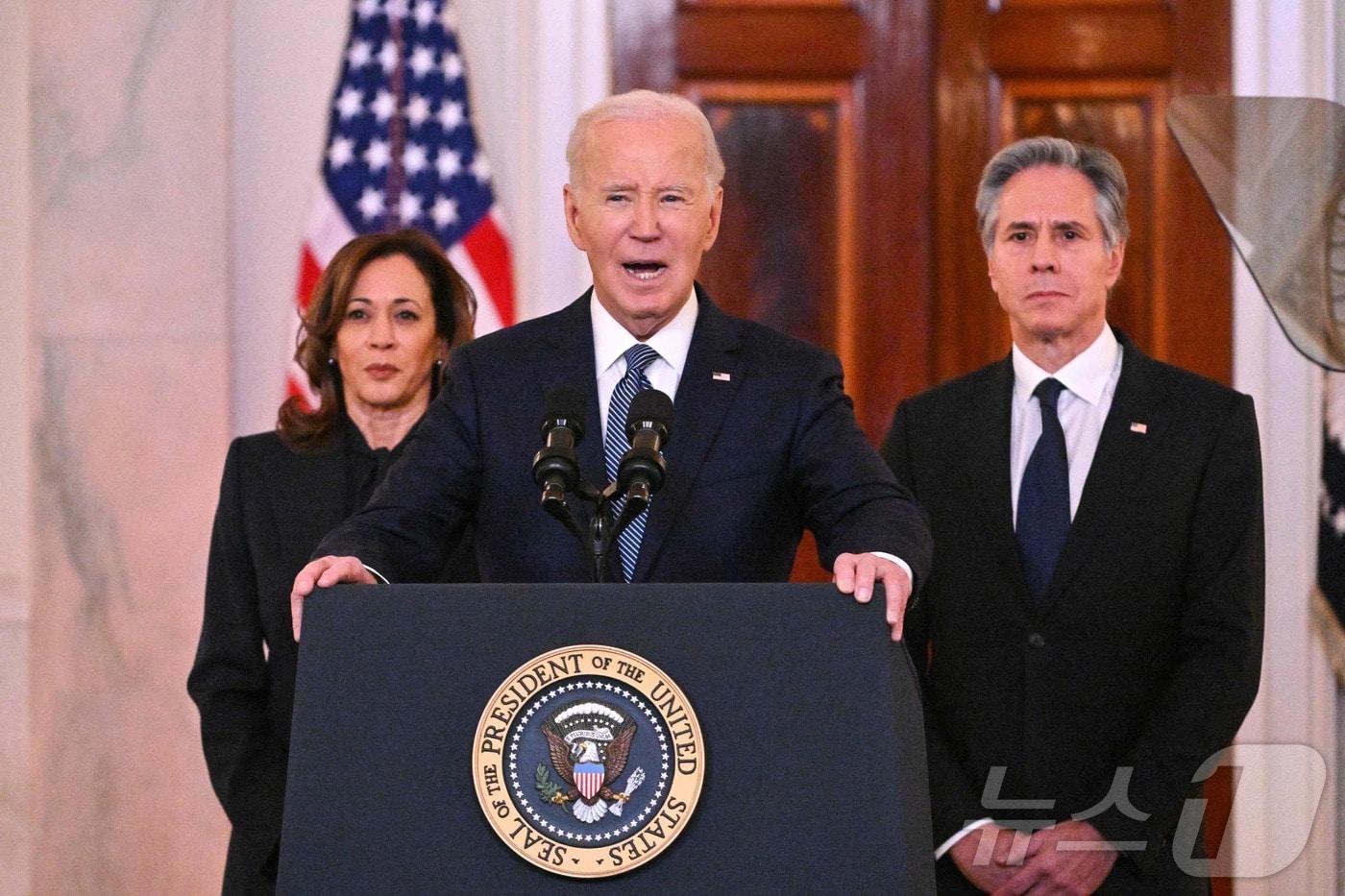 조 바이든 미국 대통령이 15일(현지시간) 워싱턴 백악관에서 대국민담화를 갖고 “이스라엘과 하마스가 가자지구 휴전과 인질석방에 합의했다”고 발표하고 있다. 2025.01.16 ⓒ AFP=뉴스1 ⓒ News1 우동명 기자