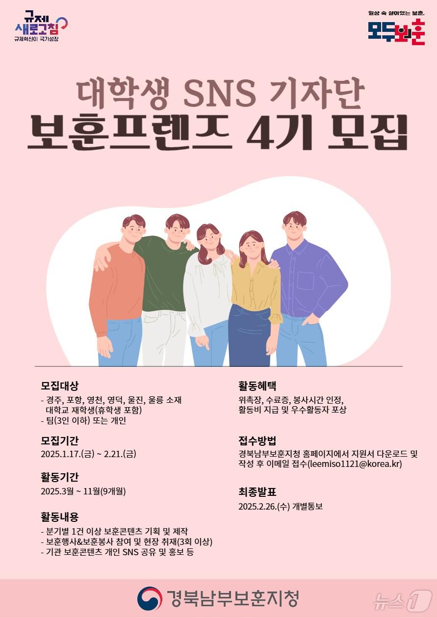 본문 이미지 -  경북남부보훈지청은 오는 17일부터 다음 달 21일까지 대학생 SNS 기자단 보훈프렌즈 4기를 모집한다고 16일 밝혔다. (경북남부보훈지청제공) 2025.1.16/뉴스1