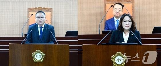 본문 이미지 - 광주 북구의회 김형수 의원(왼쪽)과 한양임 의원(오른쪽)이 의정 질의를 하고 있다(광주 북구의회 제공)2025.1.16/뉴스1