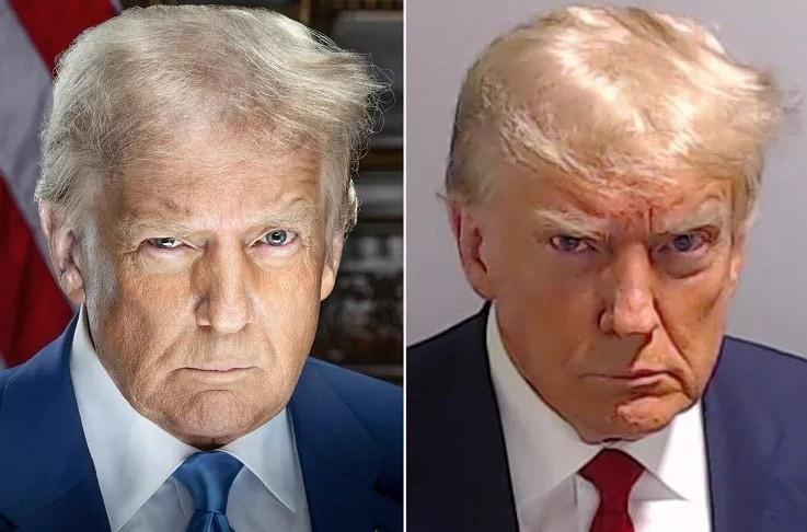 본문 이미지 - 오는 20일(현지시간) 두 번째 임기를 시작하는 도널드 트럼프 미국 대통령 당선인의 공식 대통령 사진(왼쪽)이 16일 공개된 가운데 이 사진의 표정이 2023년 트럼프의 머그샷(Mugshot·오른쪽)과 닮았다며 화제가 되고 있다. (트럼프·밴스 인수위, 풀턴 카운티 보안관 사무실) 2025.1.16.
