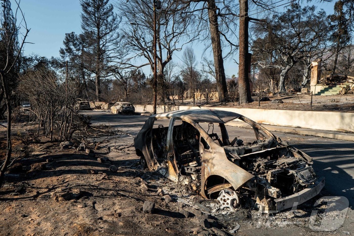 본문 이미지 - 16일 (현지시간) 이튼 산불이 휩쓸고 간 캘리포니아주 앨터디너에서 불에 탄 차량의 잔해가 보인다. 2025..01.17 ⓒ AFP=뉴스1 ⓒ News1 우동명 기자