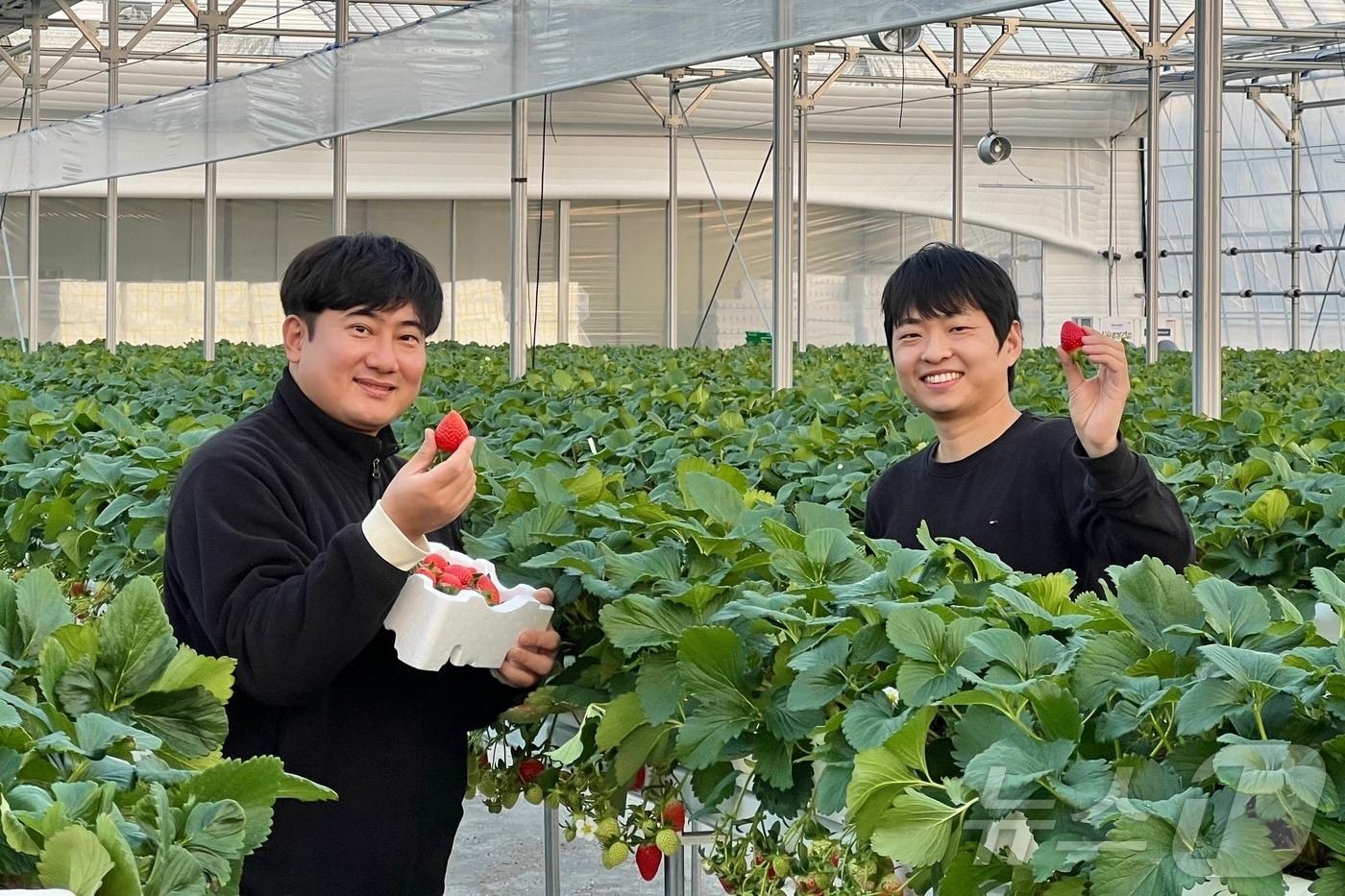  2일 충북 충주시가 청년 농업인 영농 정착을 지원한다고 밝혔다. 왼쪽부터 윤태식, 김광훈씨.(충주시 제공)/뉴스1